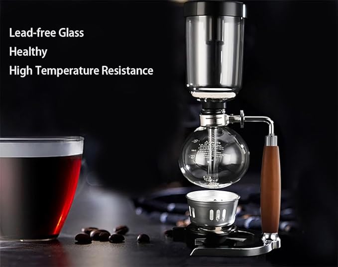 5 Cup,Siphon Coffee Maker with Wooden Handle ,syphon coffee brewer,coffee siphon,Vacuum Brewer Pot, Japanese Syphon Machine, Glass Drip Coffee Maker Set,Comes With 10 Sheets Of Coffee Filter Cloths