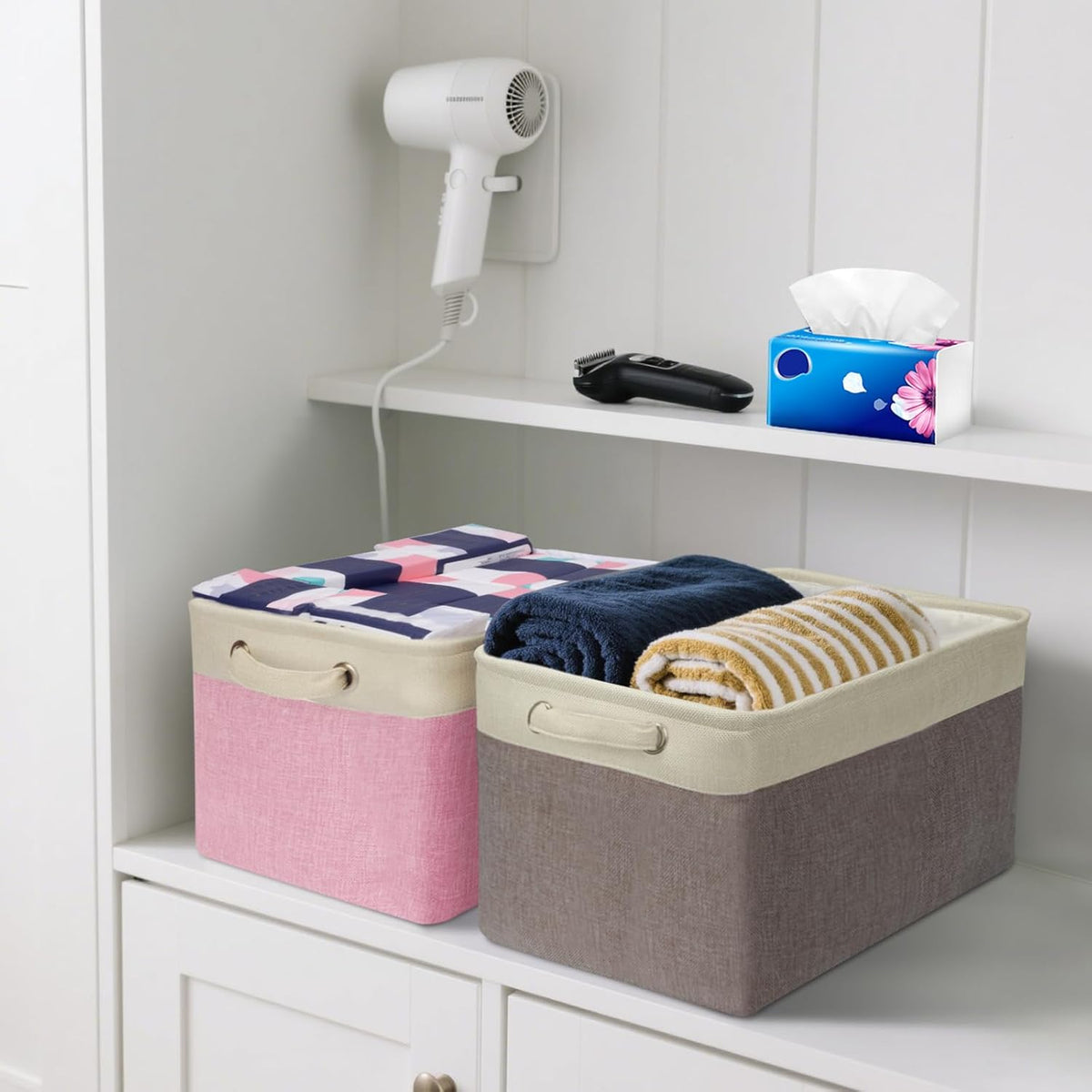BALEINE 2 Pack Fabric Storage Bins for Shelves, Linen Storage Baskets for Organizing, Decorative Closet Bins for Clothes, Home (Brown, 15"x11"x9.5") 