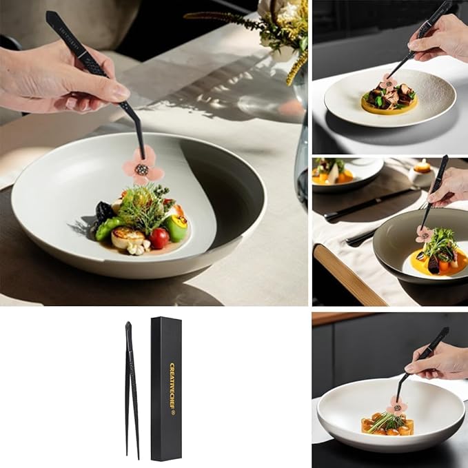 CREATIVECHEF 10" Chef Tweezer Tongs, Professional Kitchen Tweezers, 10 inch Straight Precision Tweezer Tongs for Cooking, BBQ, Plating, Stainless Steel, Black (1)