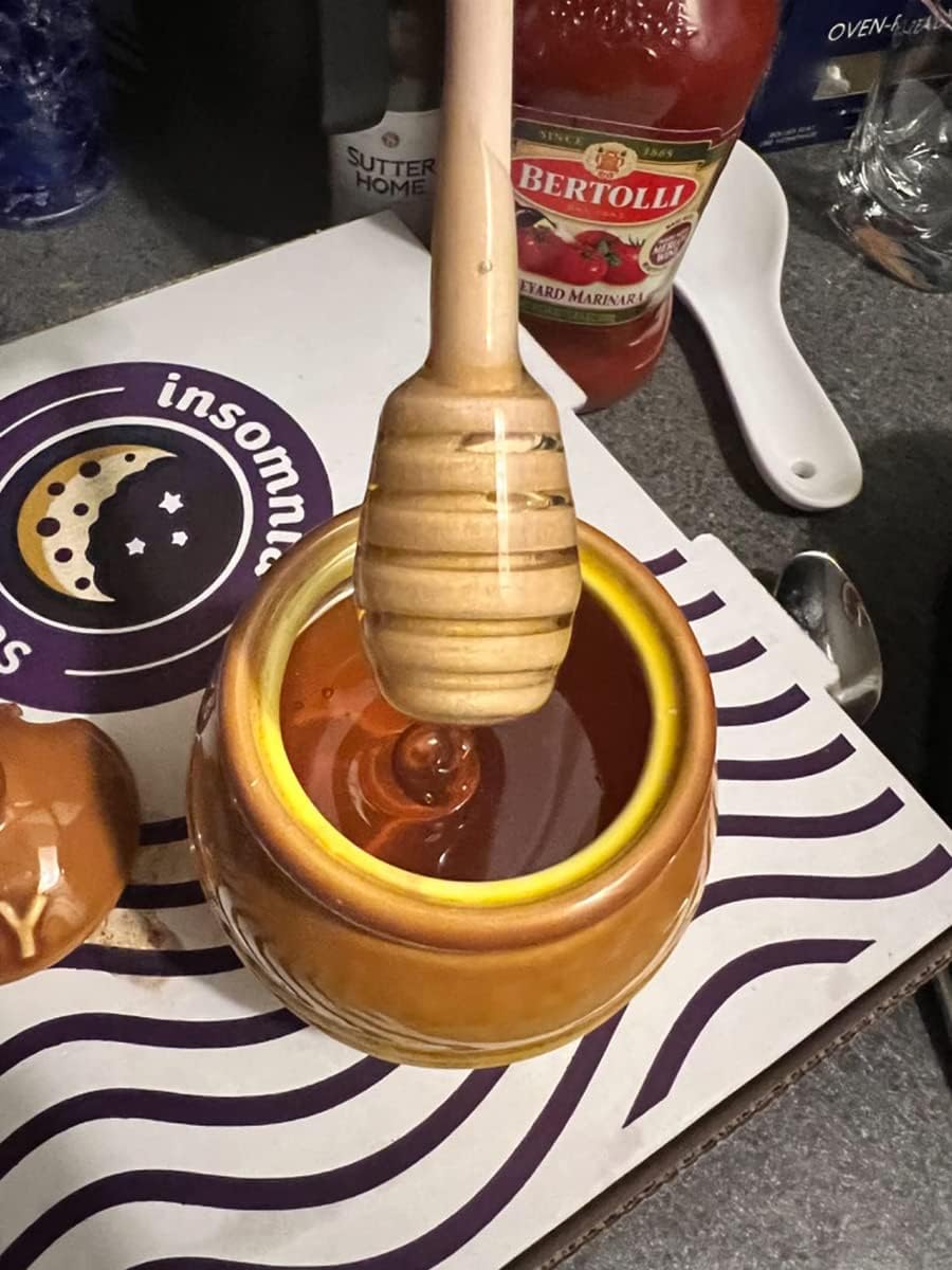 Ceramic Honey Pot with Dipper - Brown Honey Jar with Stand, Great Bee Decor - Farmhouse Kitchen Decor