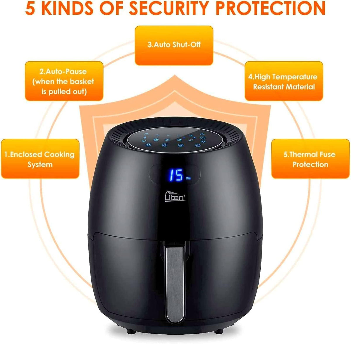 Air Fryer 6.9QT/6.5L, Uten 1700W High-power 8 in 1 Deep Frying Mode, Rapid Heating up, Non-Stick Oven, Oilless Cooking, Fast Heat up/Time Control, LED Digital Touchscreen, Black