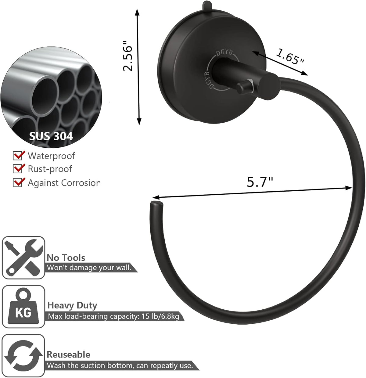 DGYB Suction Cup Hand Towel Ring Black Hand Towel Holder for Bathroom Wall SUS 304 Stainless Steel Kitchen Towel Hanger