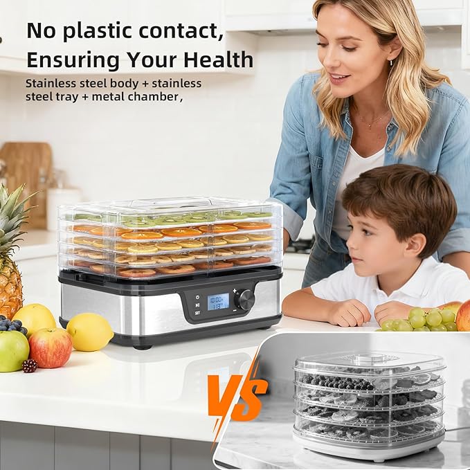 Kndko Food Dehydrator 350W Machine With Digital Adjustable Temperature and 72H Timer,5 BPA-Free Stainless Steel Trays for Fruits Vegetables and Meat