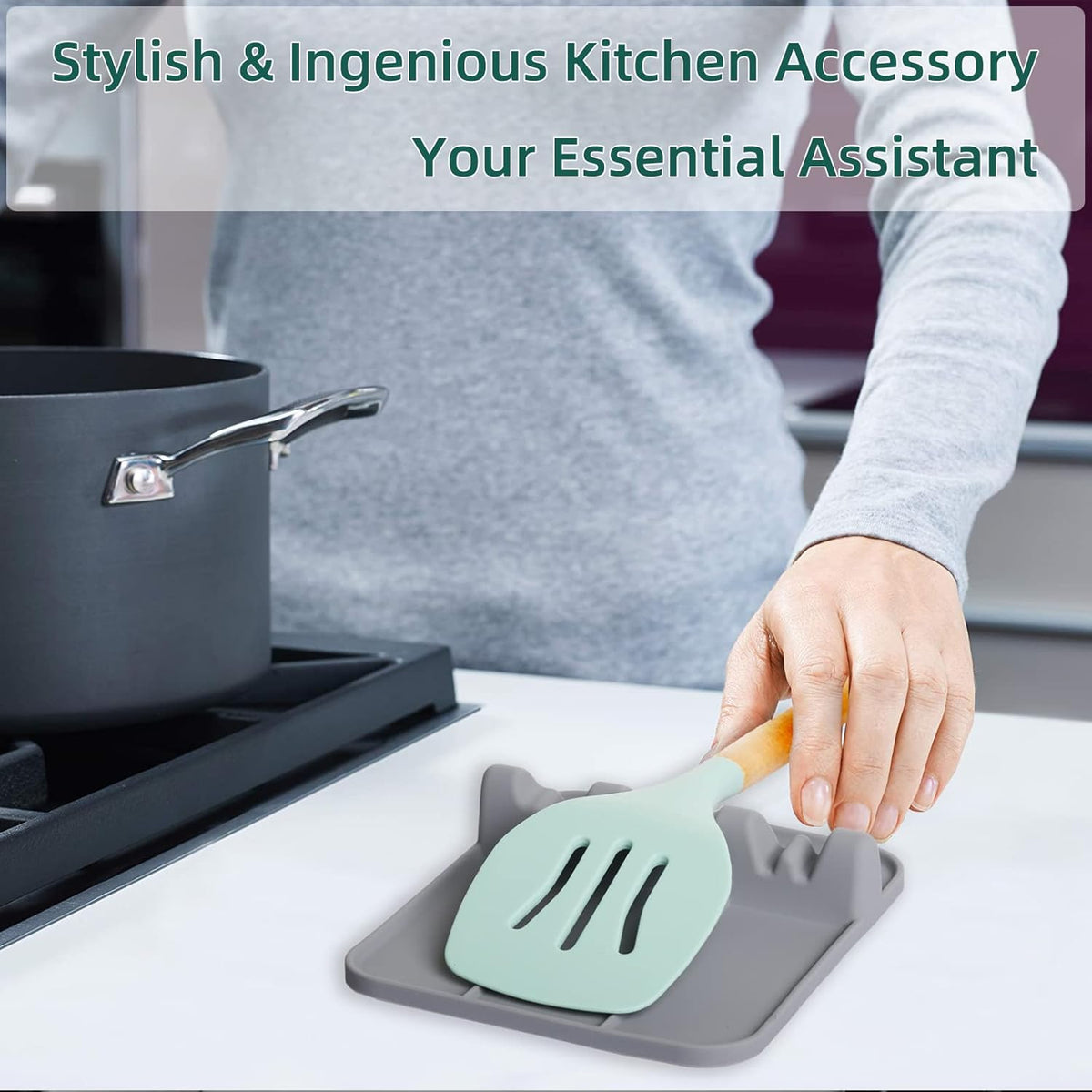 Spoon Rest, Silicone Spoon Holder for Stove Top with Drip Pad Suitable for Multiple Kitchen Gadgets, 3 Grooves Upgraded Utensil Rest for Kitchen Counter, Heat Resistant Dishwasher Safe Gray