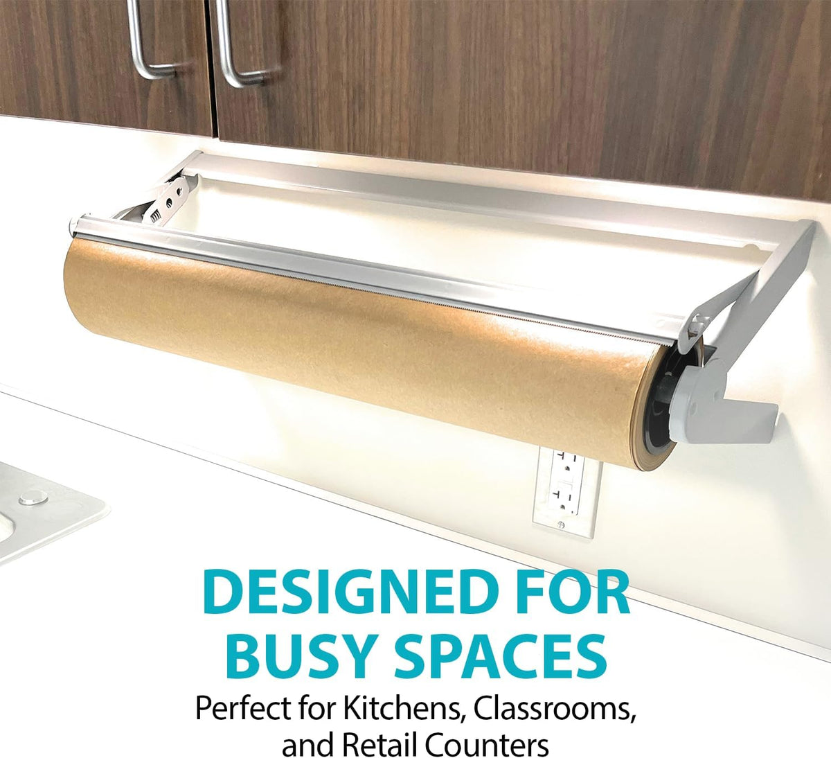 30" Wide Roll Paper Dispenser with Cutter – Wall Mounted Roll Dispenser with Serrated Cutter – Fits Craft, Freezer, Wrapping, Butcher Paper Roll or Cling Film – Heavy-Duty, Grey