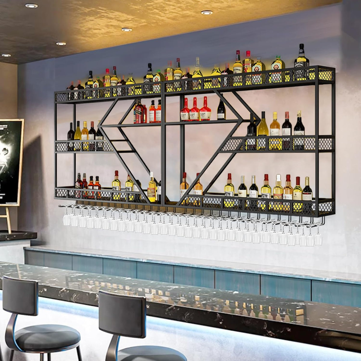 78.7in Metal Wine Rack Wall Mounted, Modern Wine Storage Rack Wall Mounted with Wine Glass Holder, Liquor Shelf, Bar Shelves for Liquor Bottles (3TIERS Black, 78.7 * 7.87 * 33.85INCH)