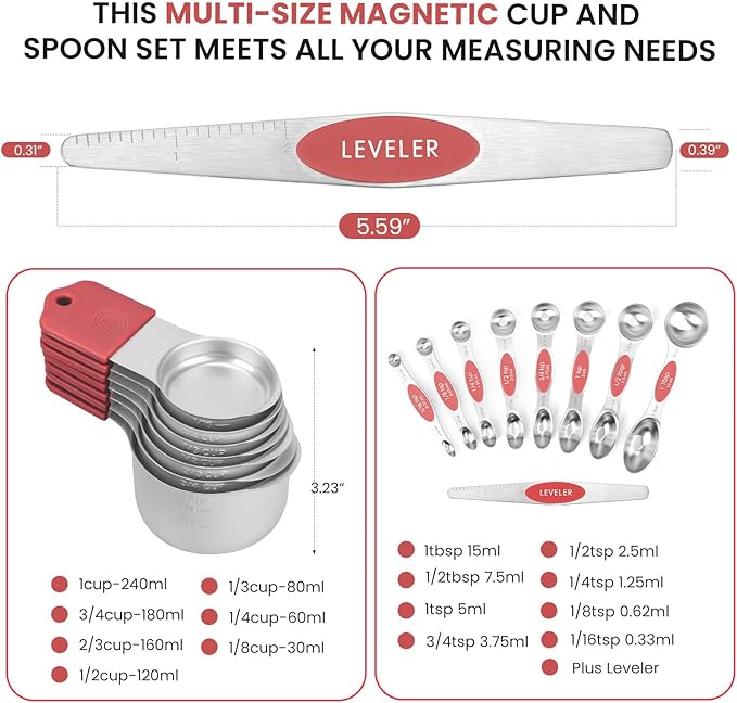Magnetic Measuring Cups and Spoons Set-Heavy Duty 304 Stainless Steel,Double Measurement Markings,Set of 16 with Leveler for Measure Dry and Liquid Ingredients (Red)