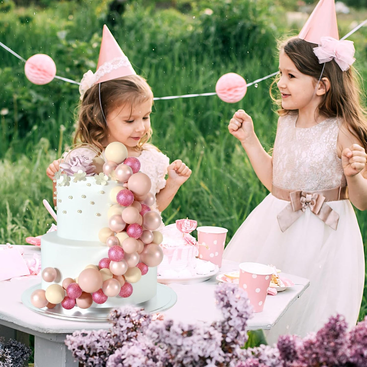 48 Pcs Balls Cake Topper Decorations Balloon Cupcake Toppers Foam Cake Topper Balls for Birthday Party Wedding Cake Deco(Glitter Pink, Rose Gold, Light Brown, Apricot)