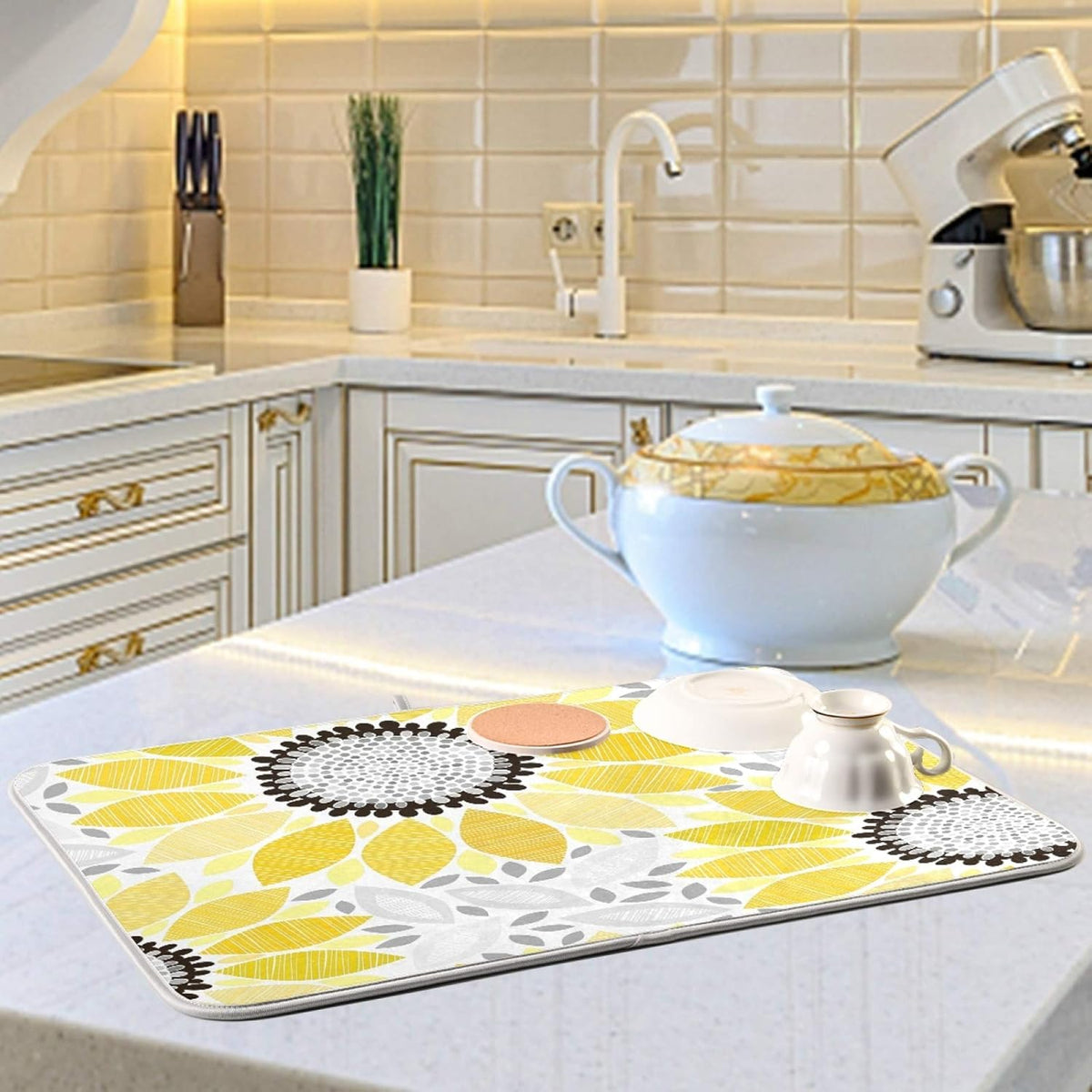 Super Absorbent Dish Drying Mat, Microfiber Fast-Drying Dish Mat, 16" x 18", Kitchen Dish Drying Pad, Sunflowers