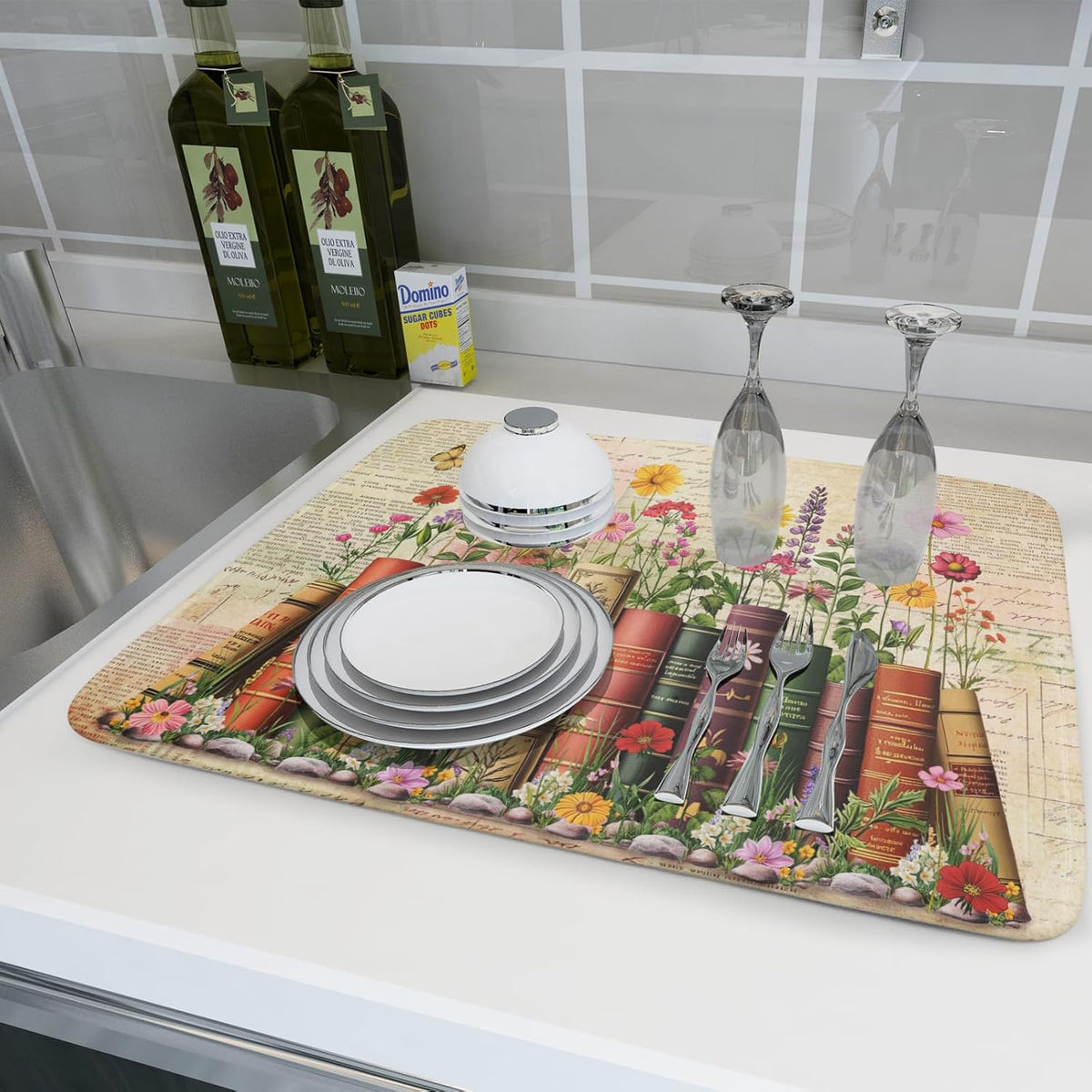 Vintage Books Dish Drying Mat - Retro Flower Kitchen Countertop Cloth Pad 18 x 24 In