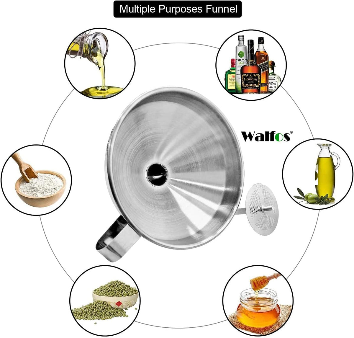 Stainless Steel Funnel, Walfos 3 Pack Kitchen Funnel with 2 Removable Strainer & 1Pcs Cleaning Brush, Perfect for Transferring of Liquid, Oils, Jam, Dry Ingredients & Powder