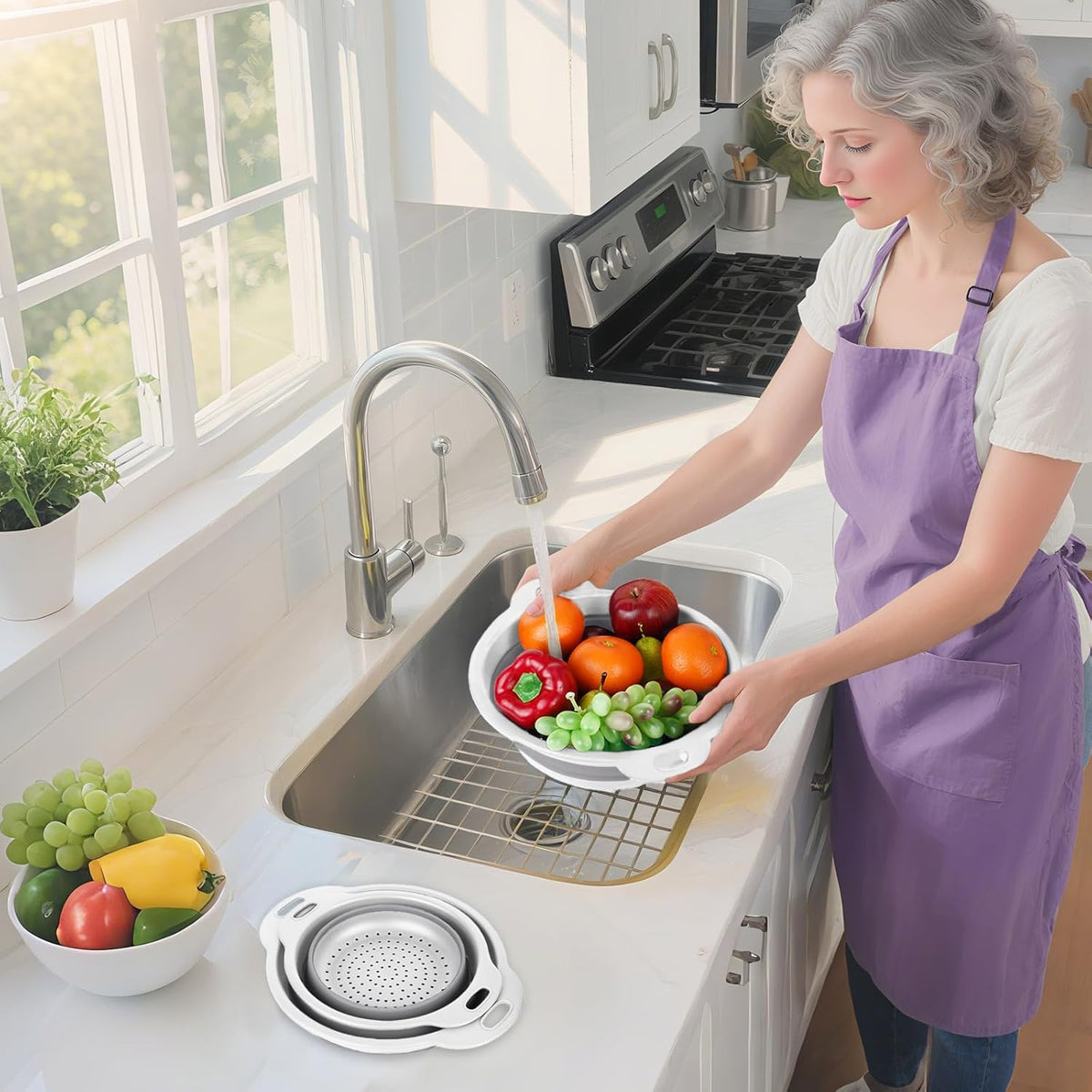 Collapsible Colander 3-Pack Set Space-Saving Foldable Kitchen Strainer with Non-Slip Base Durable Thickened PP+TPE Collapsible Strainers for Pasta, Vegetables, Fruits (Gray-White)
