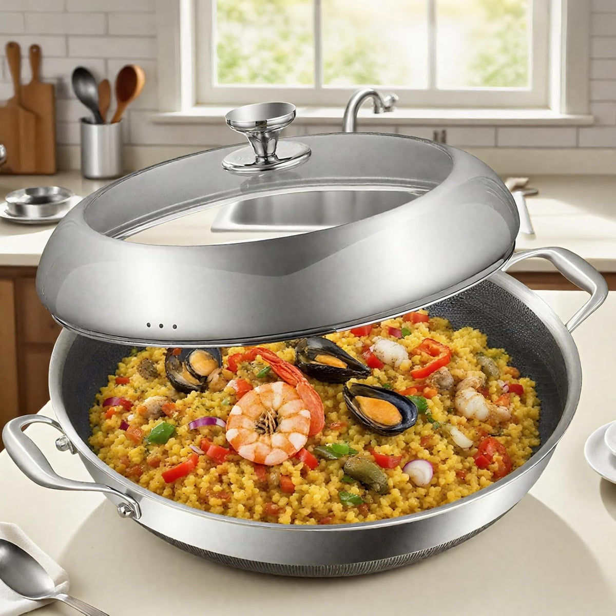 DELARLO Tri-Ply Stainless Steel Wok Pan With Lid 14 Inch Non stick,Woks & Stir-Fry Pans Nonstick 6QT Deep Frying Pan, Induction Saute Pan With Lid,Dishwasher and Oven Safe
