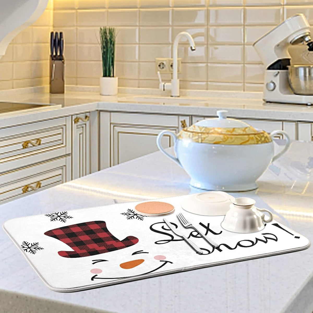 Super Absorbent Dish Drying Mat, Microfiber Fast-Drying Dish Mat, 16" x 18", Kitchen Dish Drying Pad, Watercolor Cute Christmas Winter Snowman