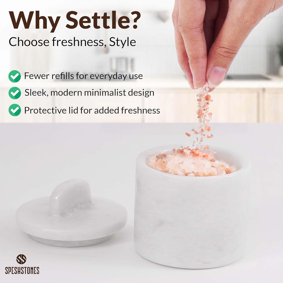 Marble Salt Cellar with Lid and Spoon 4 Inch White Handmade Small Seasoning Containers - Decorative Spice Jars, Sugar Bowl with Spoon & Flaky Salt Dish for Kitchen Countertop Storage