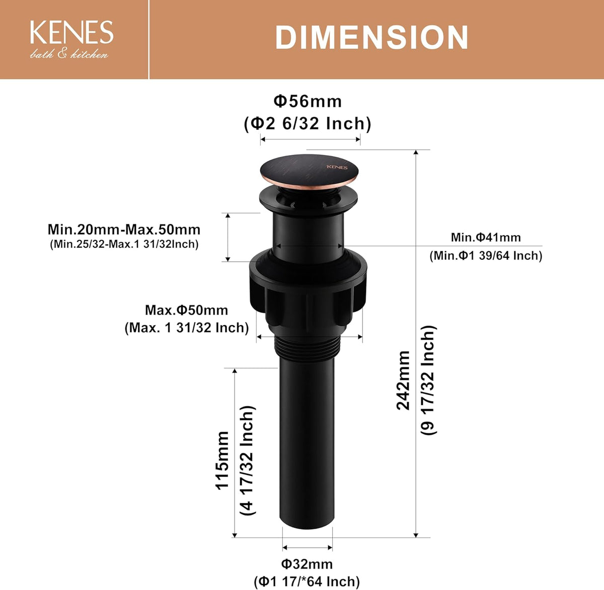 KENES Oil Rubbed Bronze Bathroom Vessel Pop Up Sink Drain, Vanity Faucet Sink Drain Stopper, Sink Drain Assembly Without Overflow Anti Clog Pop Up Drain