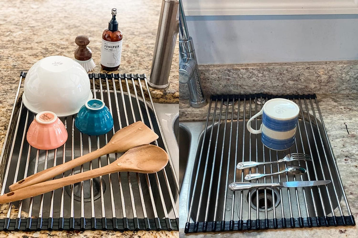 Ahyuan Roll up Dish Drying Rack Over The Sink Kitchen Roll up Sink Drying Rack Portable Dish Drainer Foldable Dish Drying Rack (Black, 20.5''X14'')