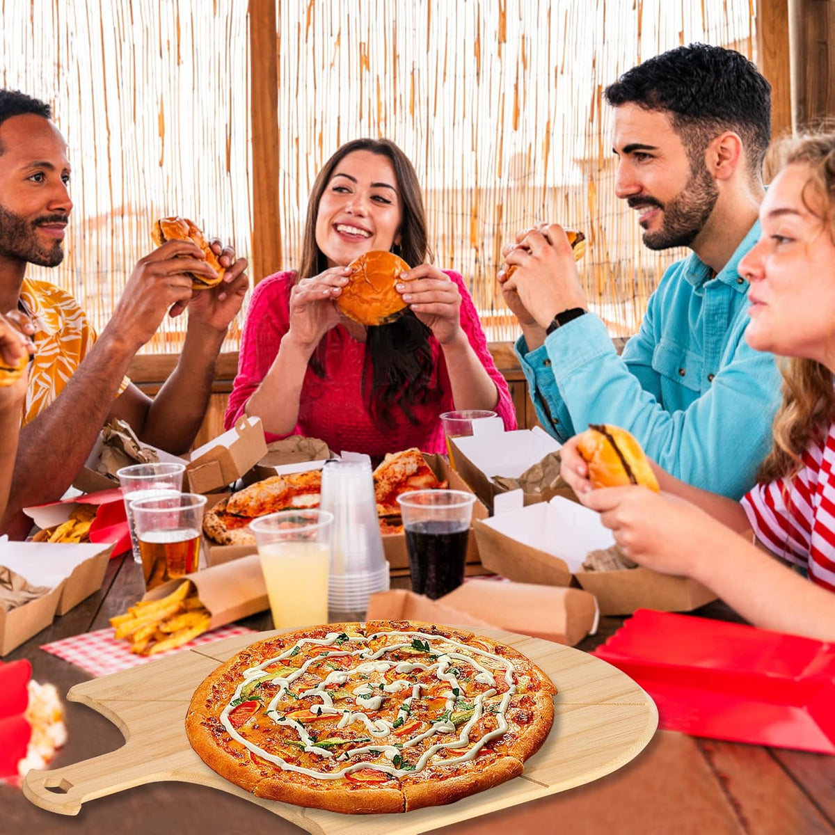 Pizza Peel Wooden, 12 Inch Pizza Spatula Wood Non-Stick, Bamboo Pizza Paddle as Cutting Board with Cutting Grooves for Easy Pizza and Bread Making