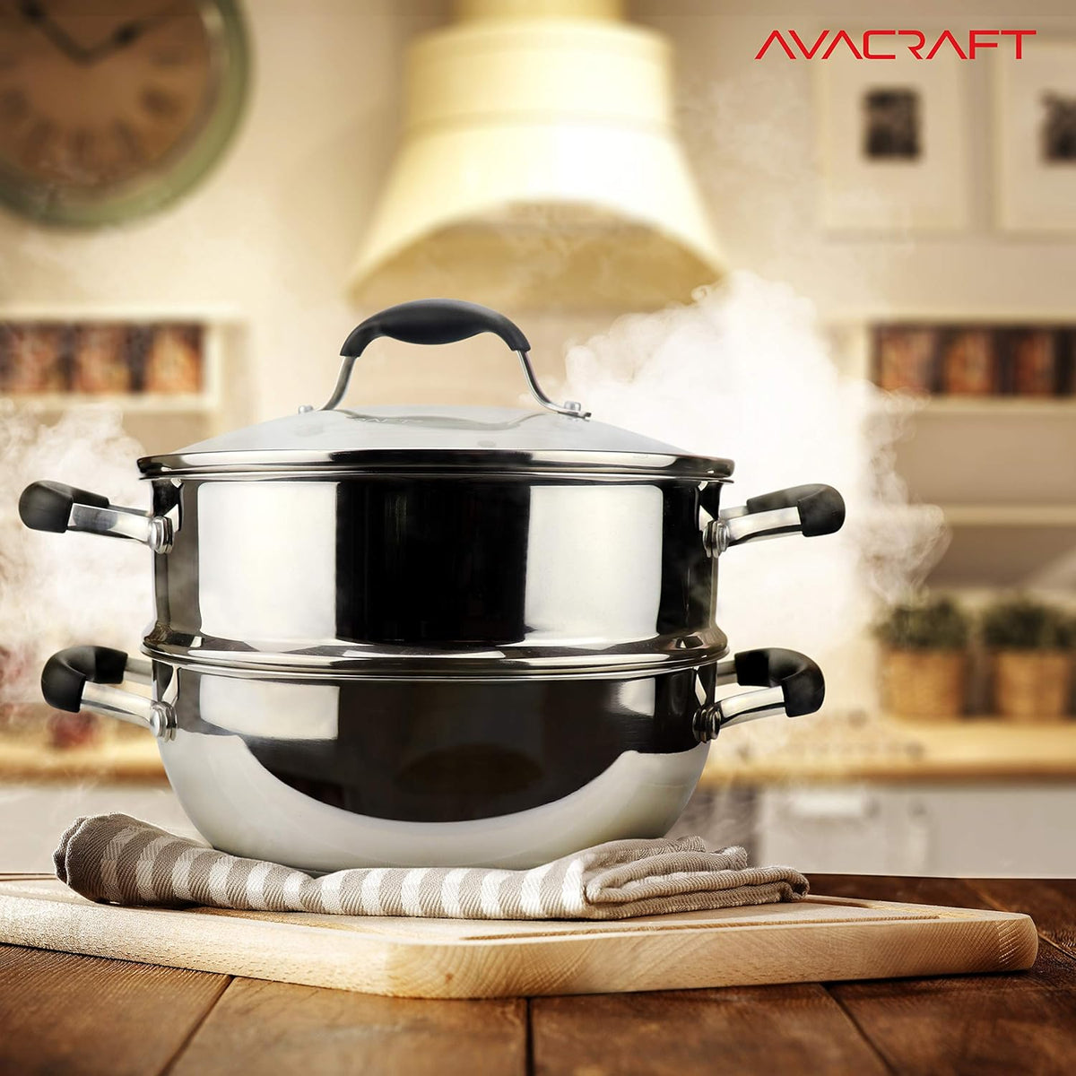 AVACRAFT 18/10, 3 Piece Stainless Steel Cooking Pot Set with Glass Lid, Momo Maker, Induction Steamer Pot