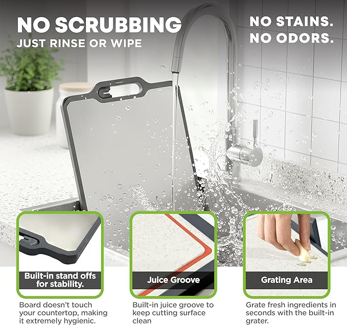 Double-Sided Cutting Board with Stand, Knife Sharpener & Grater | Non-Toxic Titanium + Wheatstraw PP Chopping Board | Healthy Choice Kitchen Accessory for Meat, Vegetables & Fruit