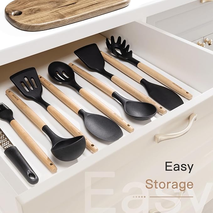 Astercook 39 PCS Kitchen Utensils Set, Silicone Cooking Utensils Set with Wooden Handle, 446°F Heat Resistant Food Grade Utensil Sets, BPA Free Kitchen Gadgets Tools Set for Nonstick Cookware (Black)