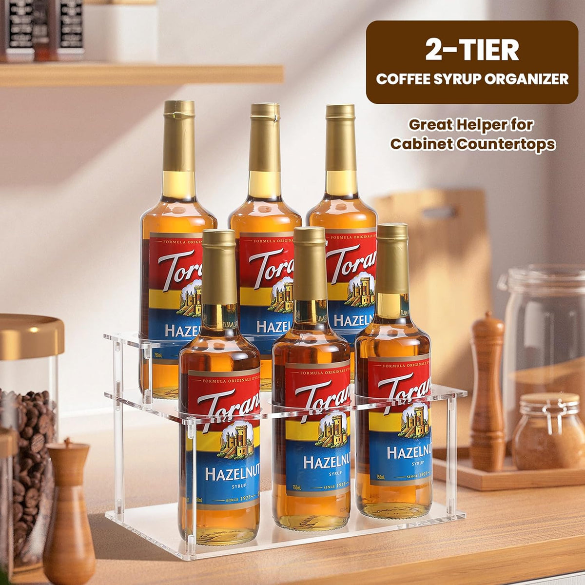 Acrylic Coffee Syrup Rack (6 Bottle Capacity),Syrup Bottle Holder Stand for Coffee Bar,Kitchen.Small Wine Rack for Bar,Family,Storage for Syrup,Wine,Condiments(Transparent)