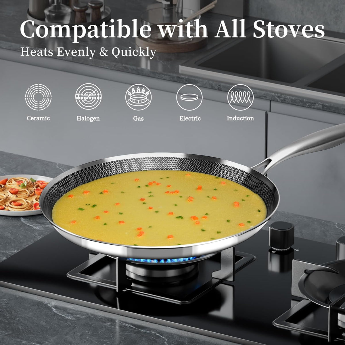 Nonstick Crepe Pan 10 inch Stainless Steel Crepe Pan Honeycomb Coating Flat Skillet Tawa Dosa Tortilla Pan,Omelet Pan with All Stove Tops Available, Induction Compatible
