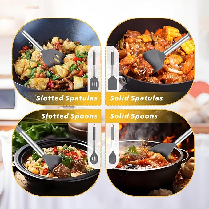 5-Piece Silicone Kitchen Tool Set, BPA-Free, Heat-Resistant, Non-Stick & Dishwasher-Safe, with Slotted/Solid Spoons & Spatulas for Frying, Mixing, Draining – Includes Multi-Purpose Serving Hook(Gray)