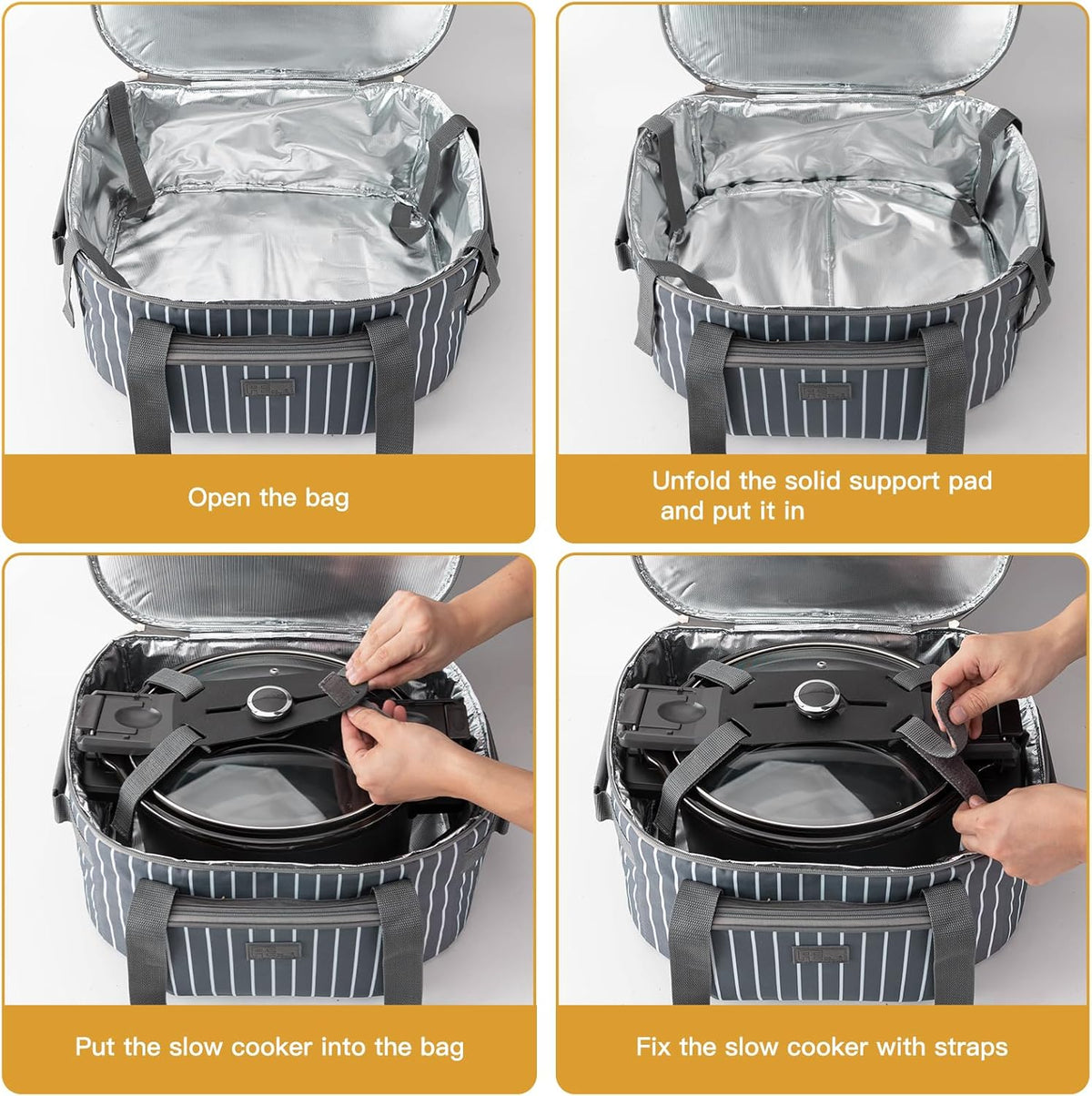 Fun Elements Double Layer Slow Cooker Carrier Bag for 6-8 Quart Oval CrockPot, Insulated Crock Pot Travel Bag with Support Pad and Adjustable Straps, Top Zip Compartment and Front Pocket for Utensils