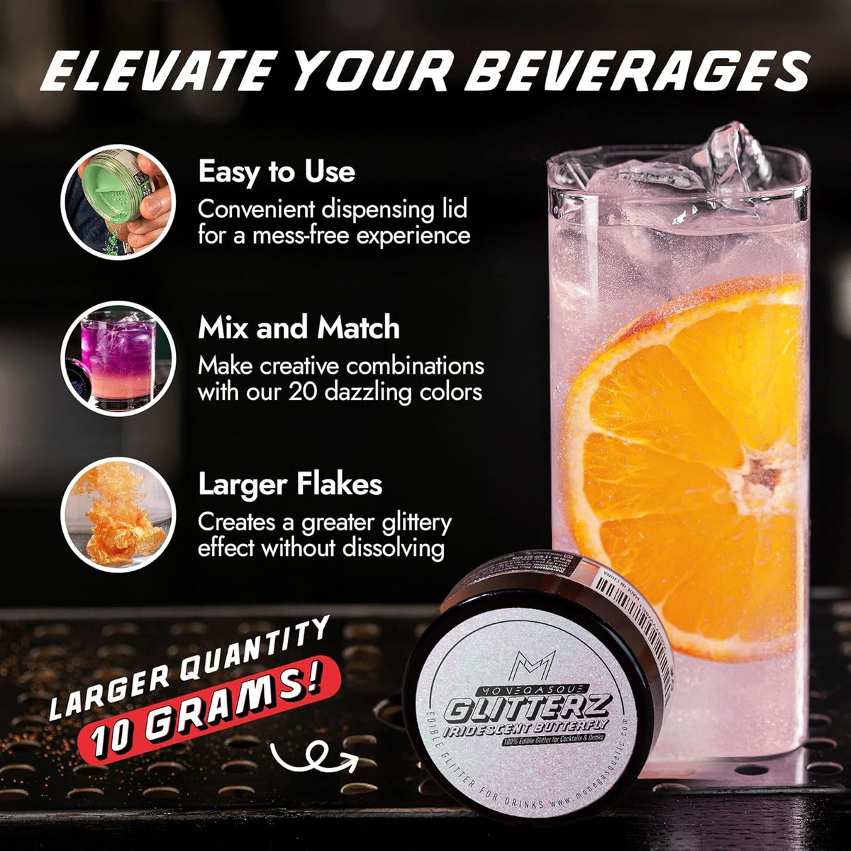 MONÉGASQUE Iridescent Edible Glitter for Drinks 10g – Halloween Edible Glitter for Cakes & Cocktails - Cocktail & Drink Shimmer Powder - Food Decorating Sprinkles, Cupcakes, & Cake Decorations Spray