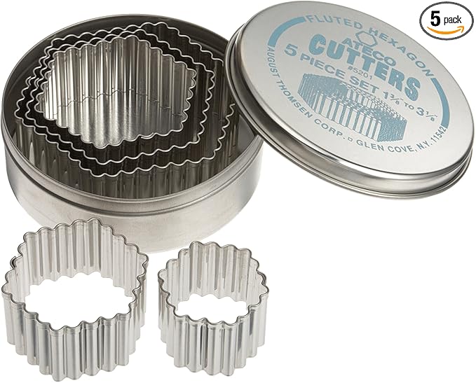 Ateco Fluted Edge Hexagon Cutters in Graduated Sizes, Stainless Steel, 5 Pc Set