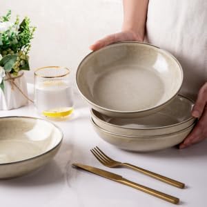 AmorArc 8.5'' Large Pasta Bowls, 36oz Ceramic Salad Serving Bowls Set of 6 for Kitchen, Wide Stoneware Bowls for Pasta,Salad,Fruit,Bread, Microwave Safe, Cappuccino