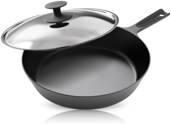 COOKLIFE 10 Inch Lightweight Pre-Seasoned Cast Iron Skillets with Stainless Steel Lid and Handle Cover - Smooth Polished Surface, Easy to Clean Cast Iron Pan Use in the Oven, on the Stove or Grill