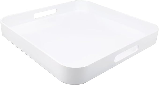 Square White Decorative Serving Tray with Handles, Versatile Ottoman Tray for Coffee Table, Entertaining, Outdoor Patio, Living Room, 13”*13”*1.6”