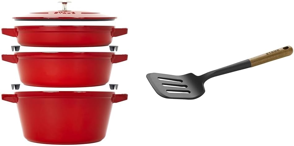 STAUB Cast Iron Set 4-pc, Stackable Space-Saving Cookware Set, Dutch Oven, Skillet, Grill Pan & Silicone Spatula Turner, Perfectly Angled for Lifting Pancakes, Sandwiches