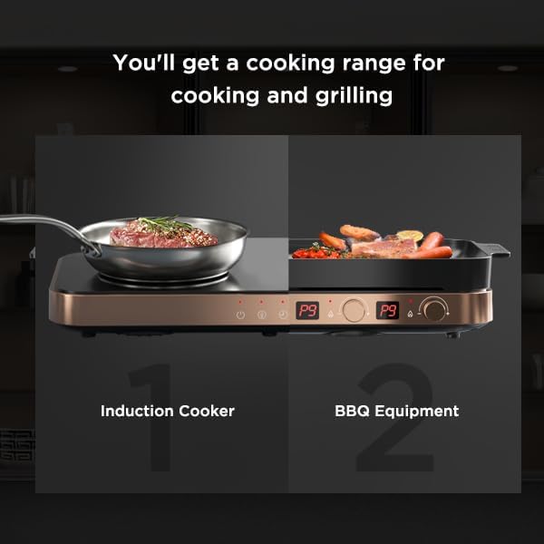 Portable Compact 2 Burner Induction Cooktop Electric Stove w/Smokeless Cast Iron Griddle Grill & Temperature Control & Child Lock, Rose Gold