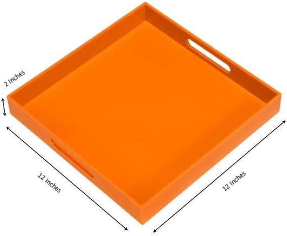 Orange Sturdy Acrylic Serving Tray with Handles-12x12Inch-Serving Coffee,Food,Breakfast,Butler-Kitchen Countertop Tray-Makeup Drawer Organizer-Vanity Table,Ottoman Tray-Decorative Tray
