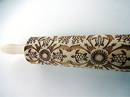 ROLLING PIN HAWAII LASER ENGRAVED with HAWAII PATTERN for EMBOSSED COOKIES PINEAPPLE DOLPHIN TURTLE SEASIDE BEACH SUN