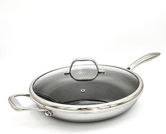 Cooksy 12 Inch Honeycomb Surface Hybrid Stainless Steel Frying Pan with Lid New Version
