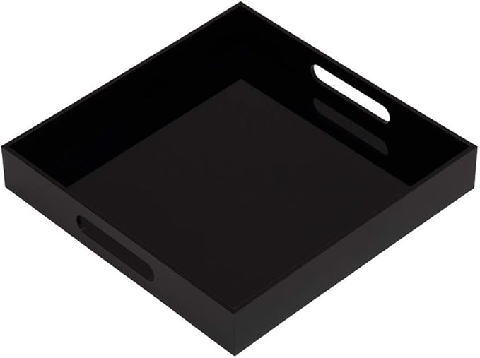 Glossy Black Sturdy Acrylic Serving Tray with Handles - 12x12 Inch Multipurpose Tray for Coffee, Appetizers, Breakfast, and More