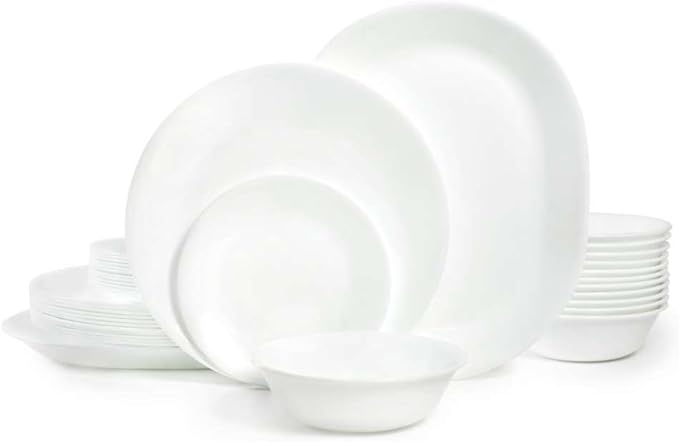Corelle Vitrelle 38-Piece Service for 12 Dinnerware Set, Triple Layer Glass and Chip Resistant, Lightweight Round Plates and Bowls Set, Winter Frost White