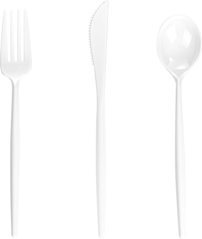 Supernal 360pcs White Plastic Silverware Heavy Duty Disposable Cutlery Set Includes White Party Knives,Plastic Forks and Spoons Suitable July 4th,Weddings & Birthday