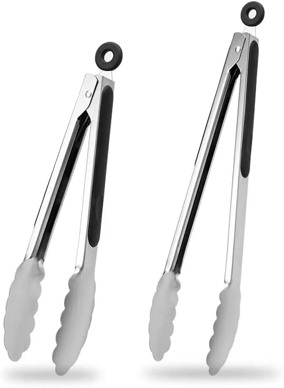 9 & 12 Inch Kitchen Tongs, Stainless Steel Metal Tongs Cooking Tongs, for Cooking Barbecue, BBQ Grilling, Buffet Serving (9"+12")