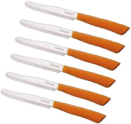 Tredoni 6 kitchen Knives - 4.3"/11cm Italian Stainless Steel Serrated Vegetable/Steak/Table Knife Cutlery, Rounded Tip (Orange)