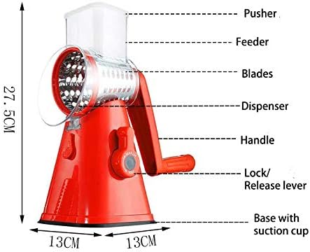 Manual Rotary Potato Grater Kitchen Mandoline Vegetable Slicer，with 3 Interchangeable Blades，Easy to use (Red)