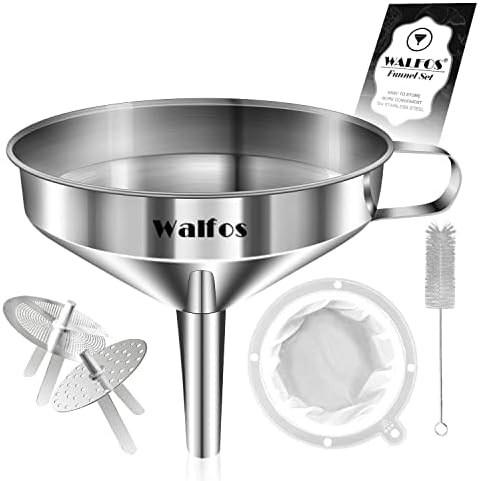 Stainless Steel Funnel, Walfos Kitchen Funnel with 2 Removable Strainer ＆ 1Pc Cleaning Brush, Perfect for Transferring of Liquid, Oils, Jam, Dry Ingredients & Powder (Big, 4.9")