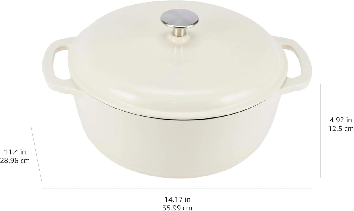 Amazon Basics Cast Iron Dutch Oven Pot with Lid, Enameled, Round, Dual Handles, Heavy-Duty, Medium, 6-Quart, White
