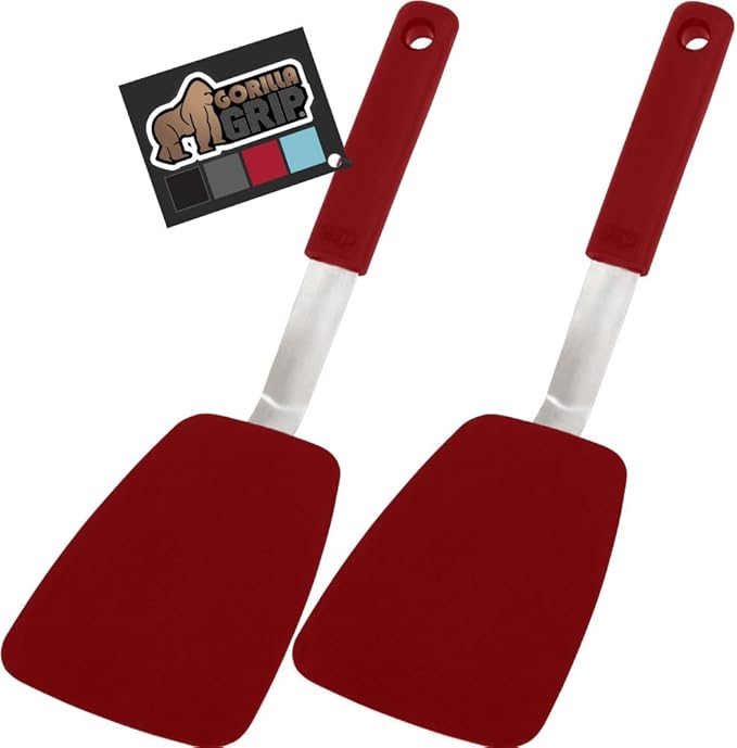 GORILLA GRIP Patented BPA-Free Non-Scratch Spatula, 2 Pack, Heat Resistant Flexible Silicone Head for Nonstick Cooking Pans, Soft Rubber Handle, Kitchen Spatulas for Flipping Eggs, Pancakes, Red