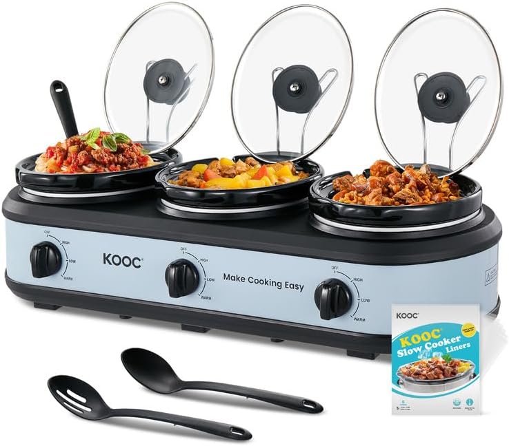 KOOC Triple Slow Cooker Buffet Server and Food Warmer 3x1.5 Quart Individual Temp Control With Lid Rests & Spoons With Liners Included Blue Grey