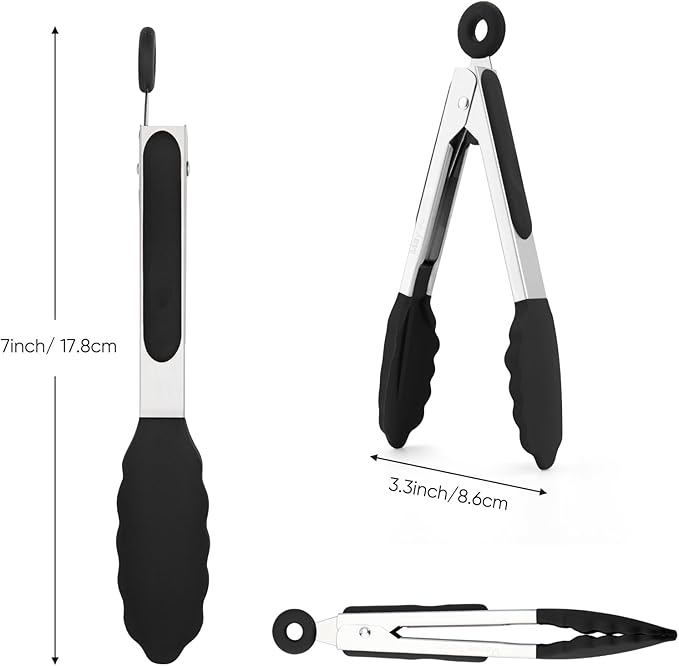 Small Silicone Tongs for Cooking,3 PCS 7-Inch Mini Serving Tong-600°F Heat Resistant Non Stick Stainless Steel Tong s with Silicone Tips Food Tong Cooking Tongs for Salad,Buffet Serving(Black)